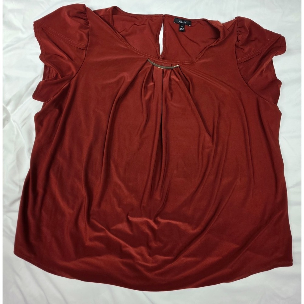 AUW Blouse 3X Rust Burnt Orange Flutter Sleeve Gold Accent Plus Size Work Casual